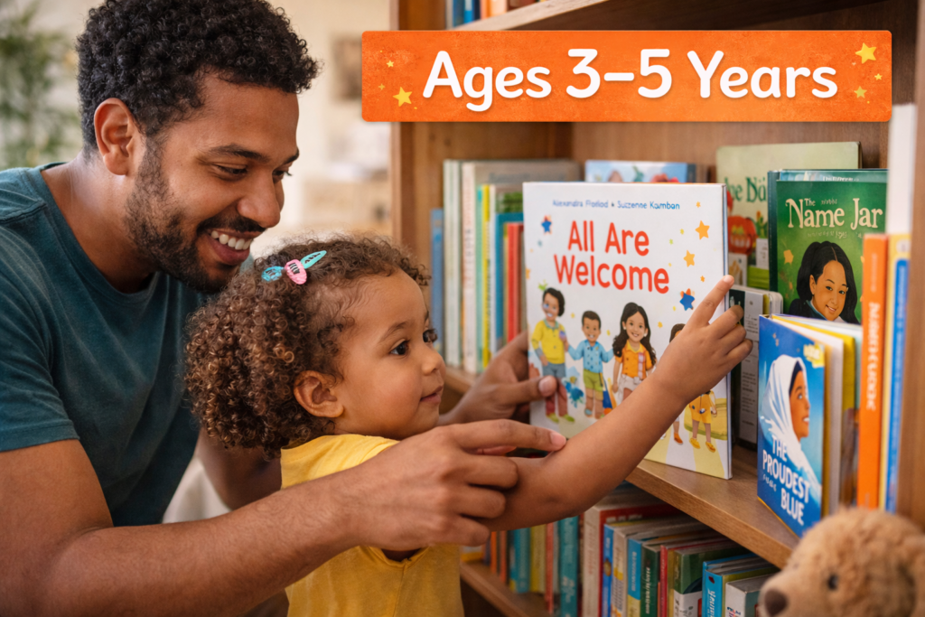 Dad and daughter taking book from bookshelf. Image generated by AI