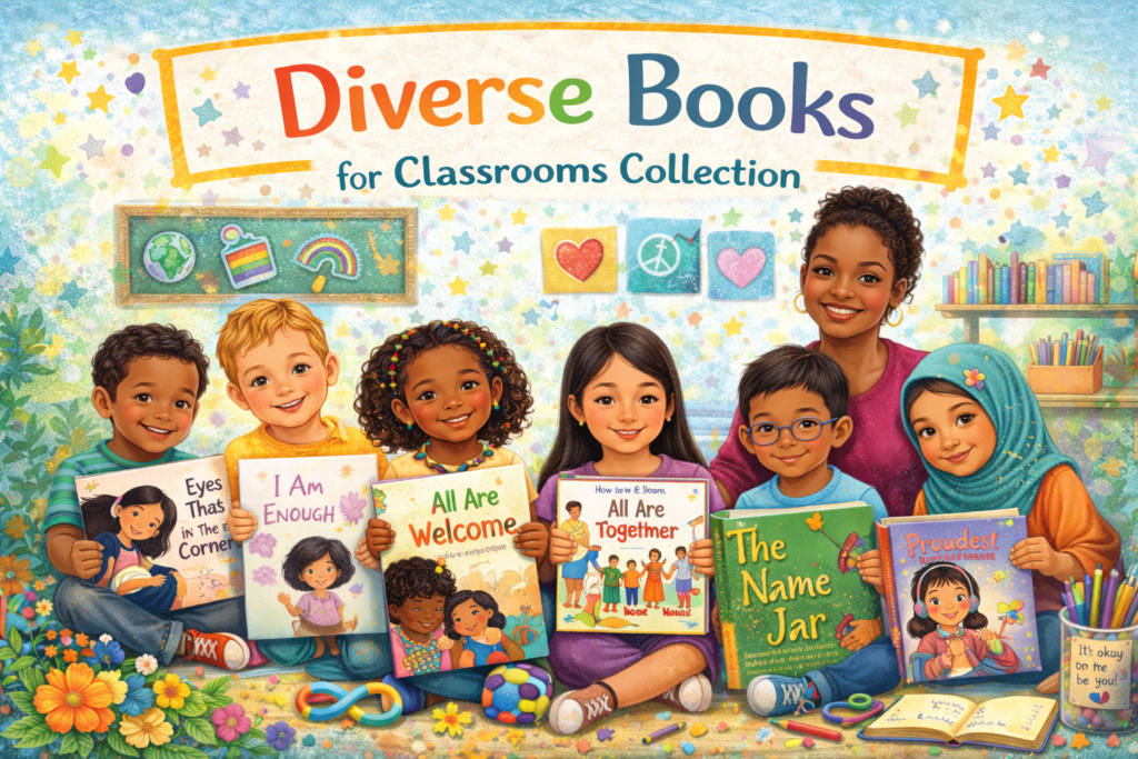 Diverse book collection. Image generated by AI