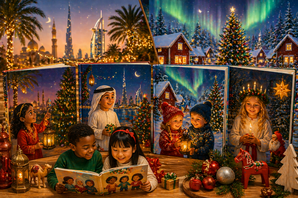Diverse Christmas Books for kids. Image generated by AI