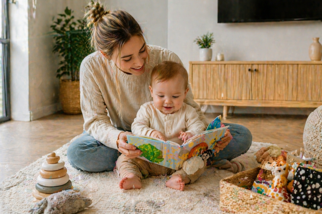 Mother and baby seating on rug reading happily. Image generated by AI