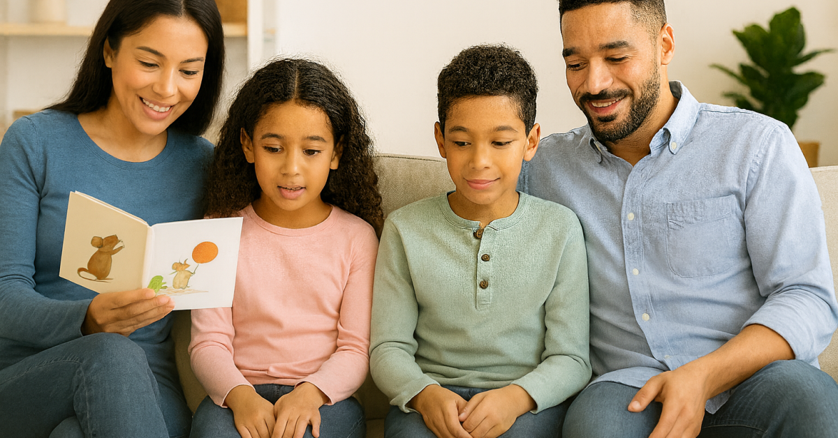 Family reading a book together